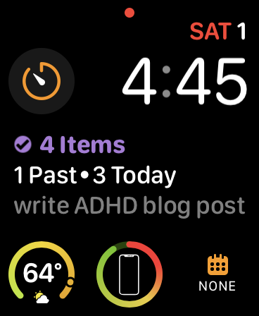 screenshot of an apple watch face displaying a to-do item saying “write ADHD blog post”